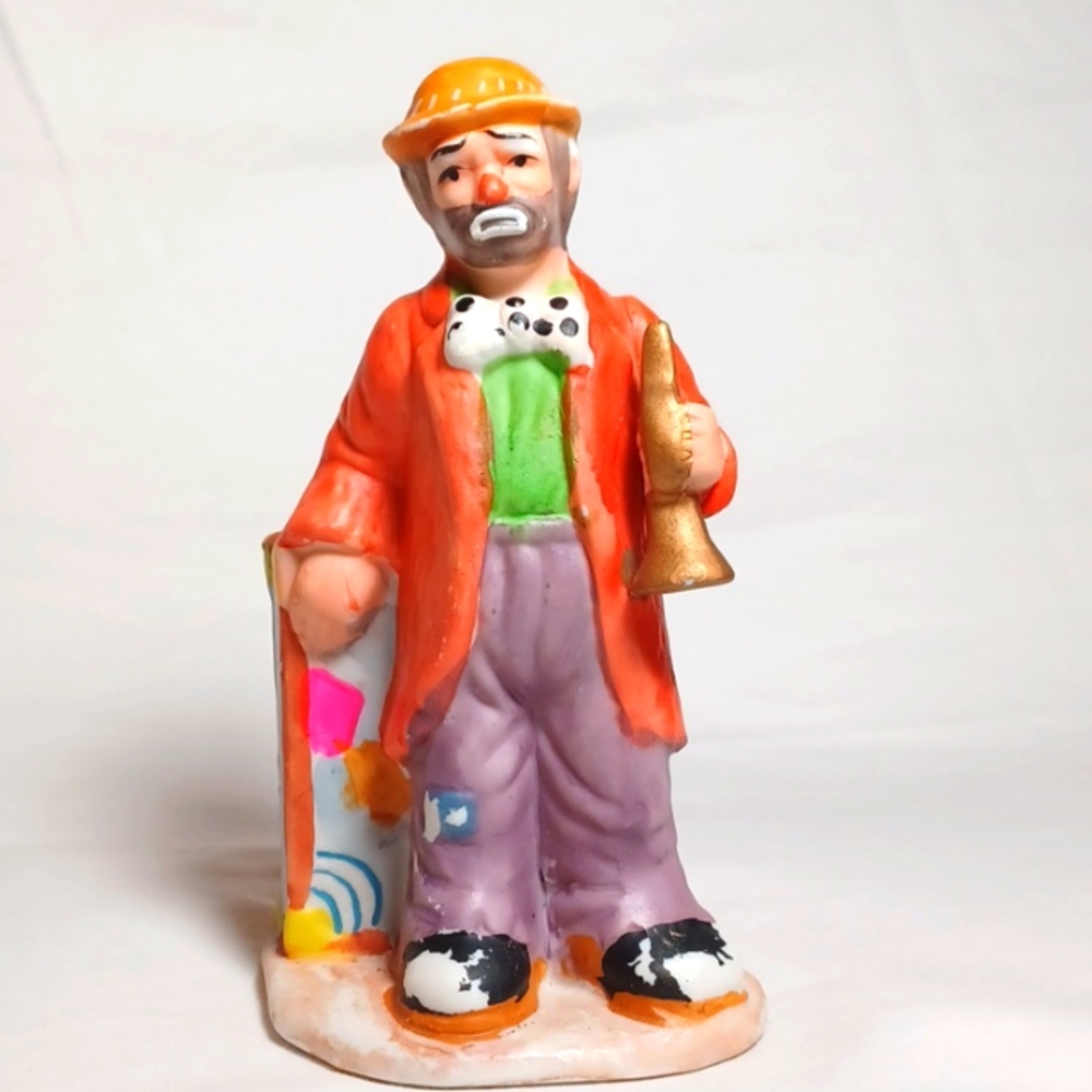 1984 Flambro Sad Clown with Trumpet and Traveler Trunk
